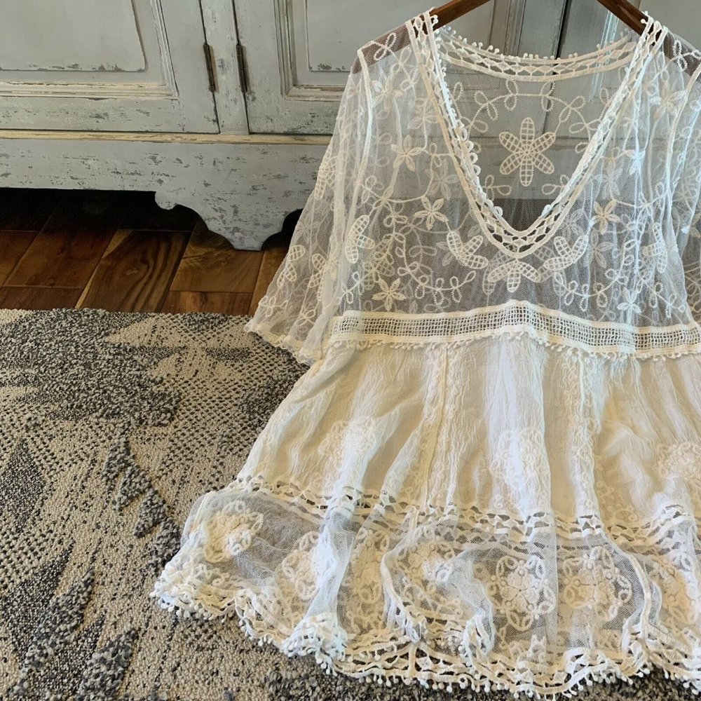New White Lace Crochet Boho Folk Tunic Blouse Top Cover-Up Womens - Picture 2 of 6